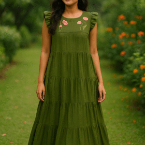 Home olive green tiered georgette frock with subtle floral embroidery – meadow bloom edition