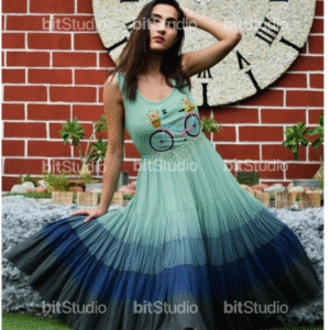 Home seafoam ombre chanderi embroidered frock – bicycle bloom edition