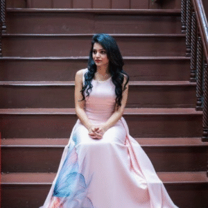 Home blush pink butter crepe long frock with ethereal floral print – whisper bloom edition